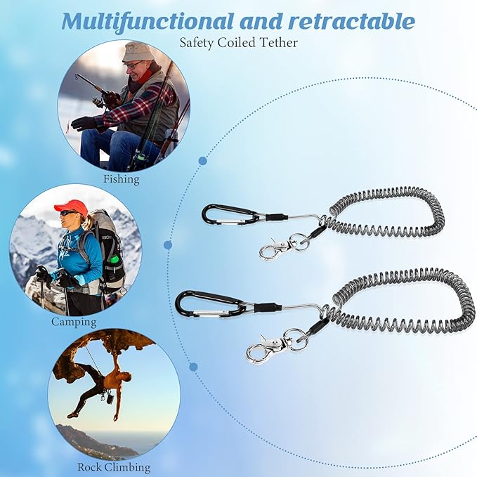Woanger 6 Pack Fishing Lanyard Steel Wire Coiled Lanyard Tool Lanyards for Hand Tools Kayak Retractable Tool Leash Fishing Rod Safety Lanyards Gear with Alloy Clips for Pliers Boating