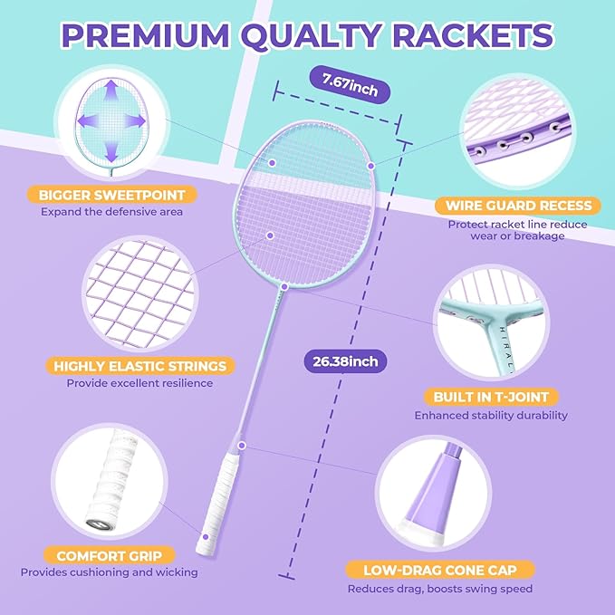 HIRALIY Badminton Rackets Set for Backyards, Badminton Set, Includ 2/4 Rackets, 6/12 Birdies, 1 Carrying Bag, Outdoor Game for Adult Family Beginner