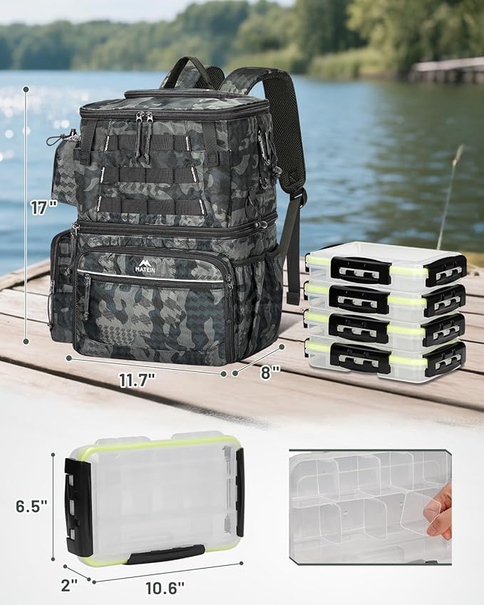 MATEIN Fishing Backpack with 4 Tackle Boxes, Fishing Bag with Rod Holder & Safety Compass & Cooler, Gifts for Fishermen
