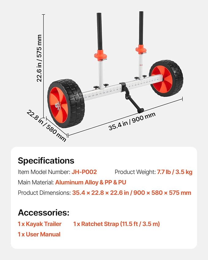 VEVOR Kayak Cart, 230/250lbs Canoe Cart Dolly with 7.5in/10in Solid Rubber Tires & Kickstand, Adjustable Width, Detachable Portable Watercraft Cart for Kayaks, Canoes, Paddle Boards