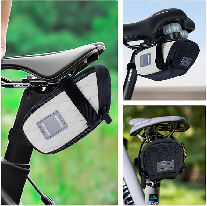 ENLEE Bicycle Saddle Bag, White Reflective Bike Seat Bag with Taillight Hangers, Waterproof Bicycle Storage Pouch Under Seat with Independent Item Partitions for Mountain/Road/Gravel Bikes, Small