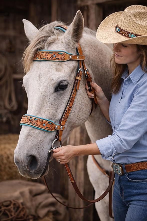 CHALLENGER Horse Western Tan Leather Floral Tooled Bitless Sidepull Bridle Reins 77RS34TN