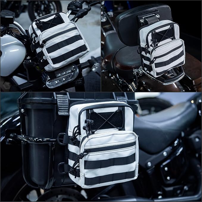 Motorcycle Universal Club Style Utility Molle Traveller Bar Handlebar T-Bar Bag Handle Bags, Fit For Harley Dyna Street Bob Softail Sportster, Tool Pouch Trunk Storage Bag, White Sand Pearl