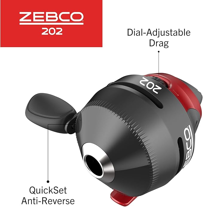 Zebco 202 & 404 スピンキャストリールと釣り竿コンボ（2個パック）、5フィート6インチ 2ピース釣り竿、サイズ30と40リール、右巻き、10ポンドと15ポンドのケイジャンラインがプリスプール済み、ブラック/レッド