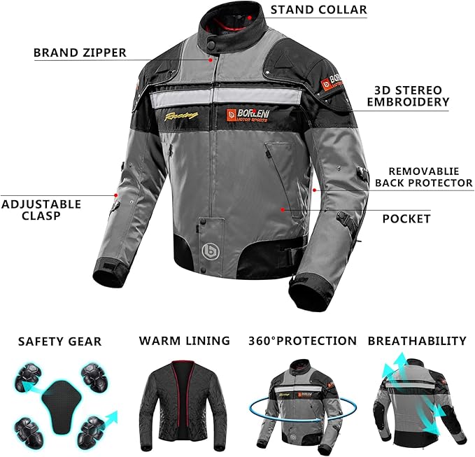 BORLENI Motorcycle Jacket Motorbike Riding Jacket Windproof Motorcycle Full Body Protective Gear CE Armor All Season Gray M