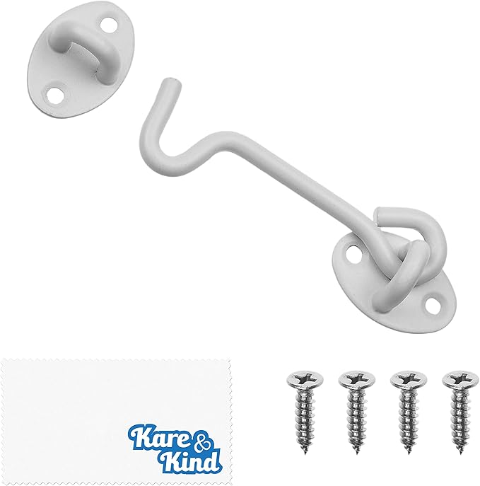 Kare & Kind Hook and Eye Latch (4-inch) - with Mounting Screws - Heavy Duty Locks for Door, Gates, Barns, Bathrooms, Cabins (1-White)
