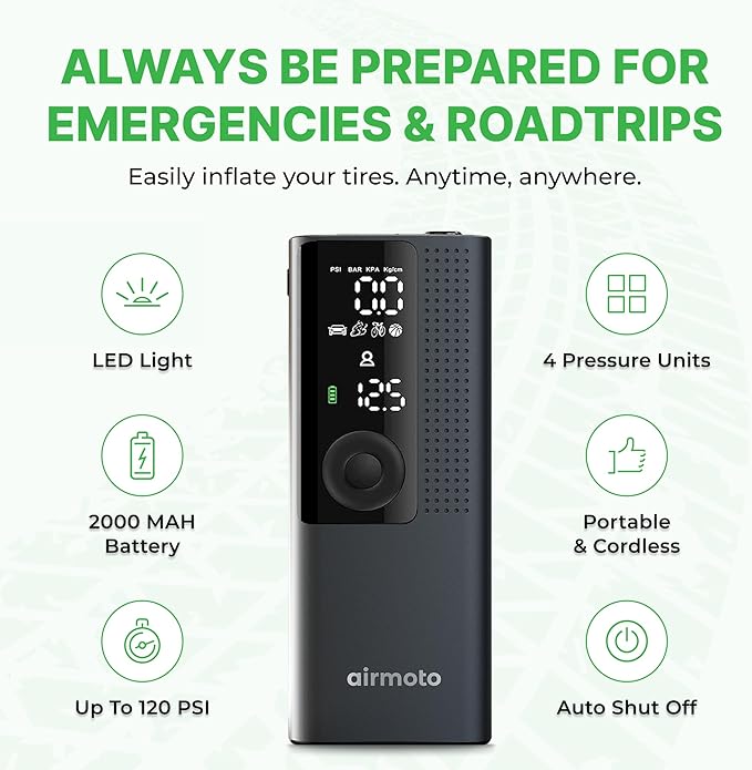 Airmoto Tire Inflator Portable Air Compressor - Air Pump For Car Tires with Digital Pressure Gauge, LED Light and Auto Shut-Off Function - Cordless Pump for Car, Motorcycle, Bicycle, Ball (Pack of 2)