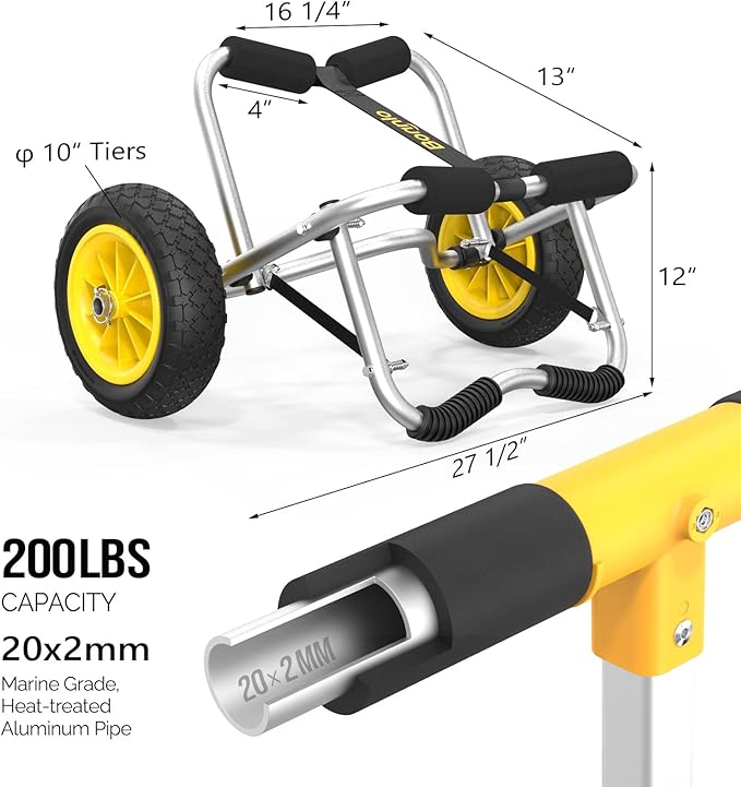 Bonnlo Kayak Cart Canoe Dolly Fishing Kayak Accessories Carrier Foldable Paddle Board Trolley Boat Trailer Transport with NO-Flat Airless Tires Wheels and 2 Ratchet Straps