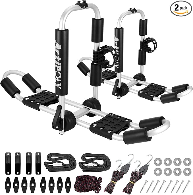ARTIPOLY Kayak Roof Rack for 2 Kayaks, 4-in-1 Multifunction Bilateral Kayak & Canoe Car Racks J-Bar with Paddle Holder for Easy Mount Kayak/Surf/Ski/Canoe/SUP on SUV, Car and Truck Crossbar