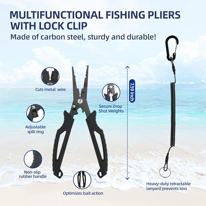 RAWILL Fishing Kit,Filleting Knife,Hook Remover,Fish Grip, Line Cutter,Fishing Scale, Pliers with Lanyards,Not Include Batteries