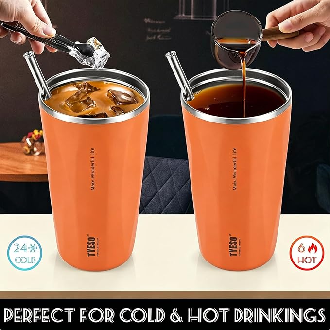 TYESO Stainless Steel Tumbler with straw inside Stainless steel wide-mouth vacuum insulation home office outdoor multi-color thermal and cold insulation cover with 20oz (Orange, 20 oz)