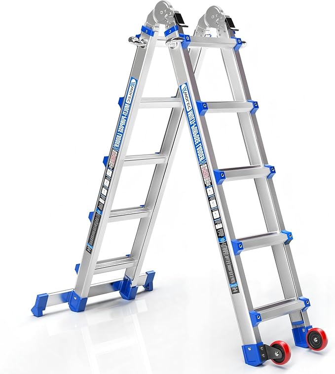 Telescoping A-Frame Ladder- 17FT Folding Extension Ladder with Wheels & Stabilizer Bar, 330lb Security Load Multi Position Ladders for Stairs Home Indoor Outdoor Roof