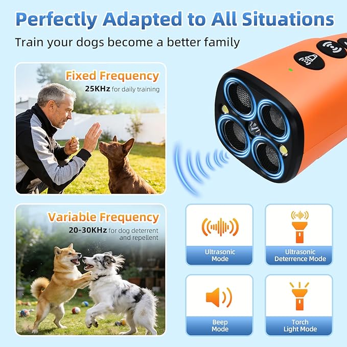 4X Ultrasonic Dog Bark Deterrent Device, 2026 Newest Stop Neighbors Dog Barking, 4 Nozzles Up 90% Efficiency, 3 Modes Humane Training Tool with Flashlight , Safe for Pet Indoor Outdoor（Orange）