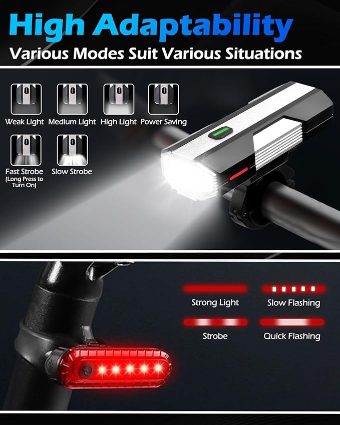 Bike Lights, 6+4 Modes Rechargeable Type-C Bike Light for Night Riding, Anti-Dazzle High Lumen LED Bike Lights Front and Rear, Bicycle Light Set Front and Back for Kids, Road, Cycling, Biking