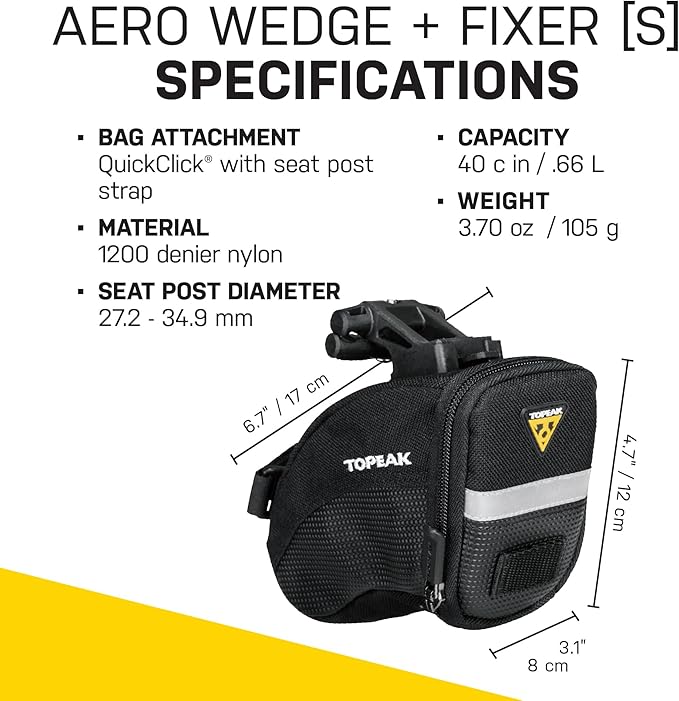 Topeak Aero Wedge Pack with Fixer F25 (Small) – Compact Aerodynamic Bike Saddle Bag with QuickClick Mount, Durable 1000D Nylon, Reflective Strip & Safety Light Clip