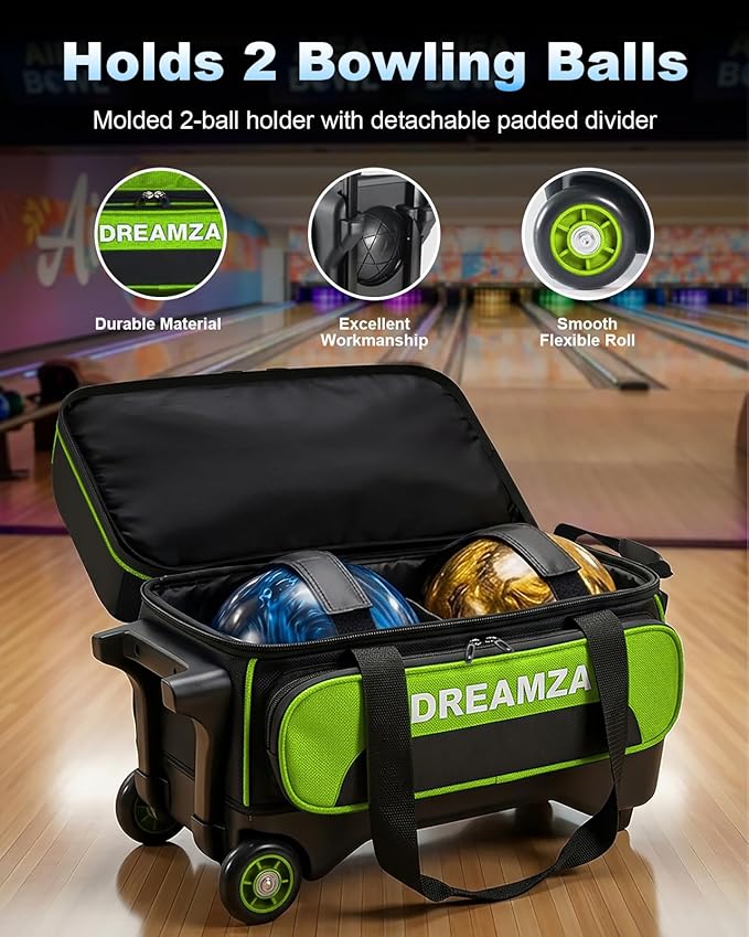 2 Ball Bowling Bag with Wheels, Double Bowling Ball Bag 2 Ball Roller w/Separate Compartment for Shoes Up to US Mens Size 16, w/Retractable Handle Extends to 40" & Accessories Pocket