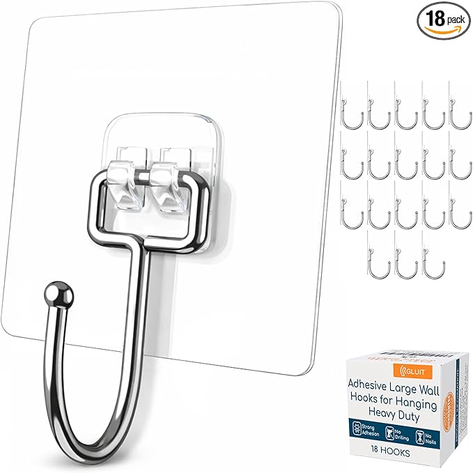 GLUIT Adhesive Large Wall Hooks for Hanging Heavy Duty 22 lbs Hooks for Walls No Damage, Towel Sticky Clear Hooks, Waterproof, Home, Bathroom, Kitchen, Office, and Outdoor, 18 Pack