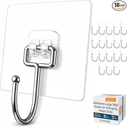 GLUIT Adhesive Large Wall Hooks for Hanging Heavy Duty 22 lbs Hooks for Walls No Damage, Towel Sticky Clear Hooks, Waterproof, Home, Bathroom, Kitchen, Office, and Outdoor, 18 Pack