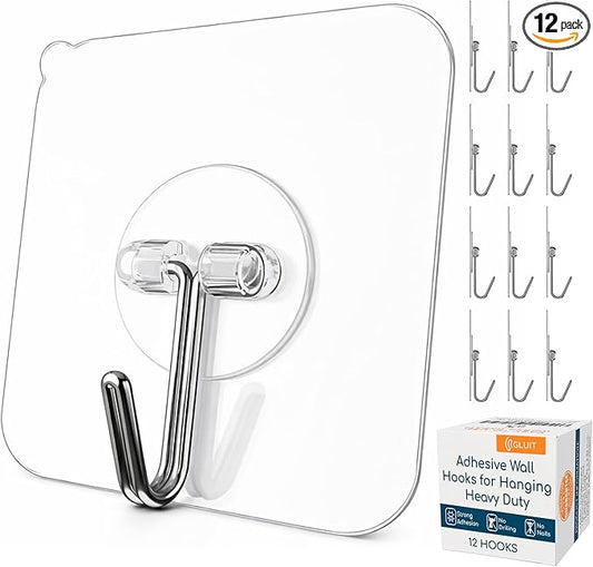 GLUIT Adhesive Wall Hooks for Hanging Heavy Duty 22 lbs Hooks for Walls No Damage, Towel Sticky Clear Hook, Waterproof, Home, Bathroom, Kitchen, Office, and Outdoor 12 Pack