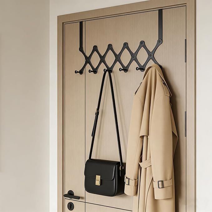 Expands Over The Door Hook Rack, Heavy Duty No Drill Hooks for Bathroom, Bedroom, Kitchen, Closet - Over The Door Hanger for Towels, Robes, Bags, Coats(Black)