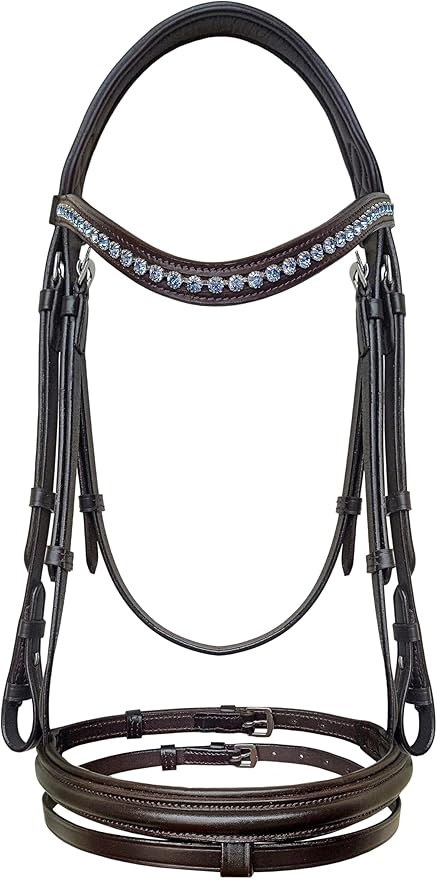 Equine Care Leather English Horse Bridle with Reins, Full Size, Choice of Browband Style, Padded Crown & Cavesson Noseband, Stainless Steel Hardware, Hunter Show Bridle.