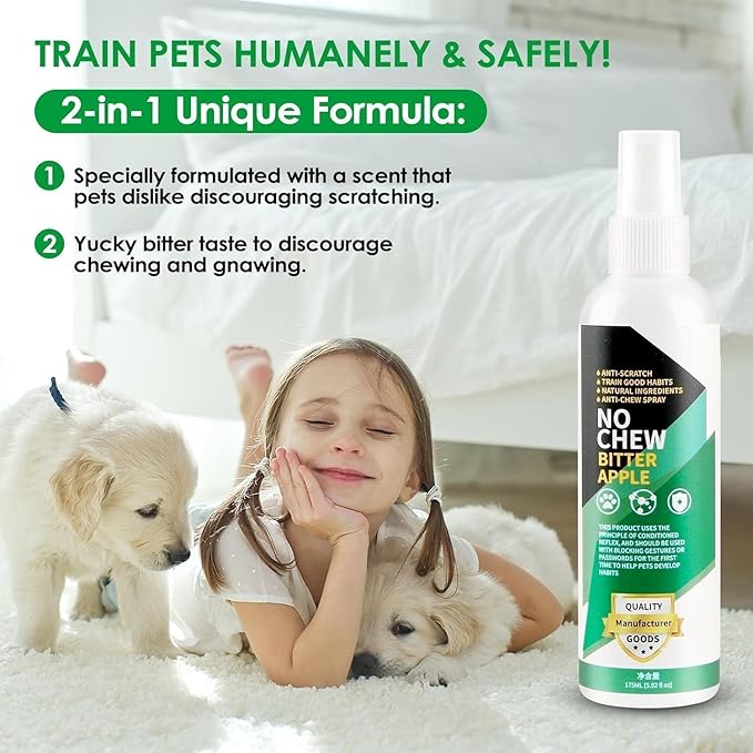 Bitter Apple Spray for Dogs to Stop Chewing, 175ML No Chew Spray for Dogs, Natural Dog Deterrent Spray for Pet Behavior Training, Indoor & Outdoor Safe, Alcohol Free/Non-Toxic/No Sting & No Smell