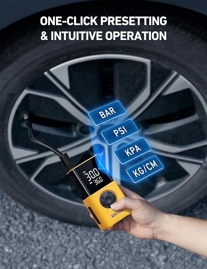 AstroAI Tire Inflator L7S Portable Air Compressor Cordless Bike Air Pump with Digital Dual Values Display, 150 PSI Car Tires Pump with LED Lights Air Pump for Auto, Motorcycles, Bikes, Balls Yellow