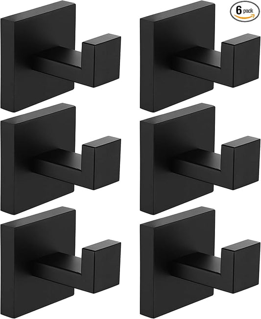 Nolimas Towel Hook Stainless Steel Bathroom Rustproof Clothes Towel Coat Hook Wall Mounted Square Toilet Kitchen, Heavy Duty Door Hanger, 6 Pack, Matte Black
