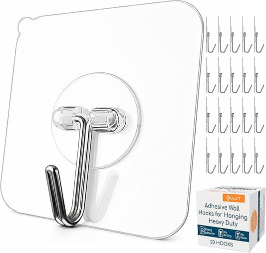 GLUIT Adhesive Wall Hooks for Hanging Heavy Duty 22 lbs Hooks for Walls No Damage, Towel Sticky Clear Hooks, Waterproof, Home, Bathroom, Kitchen, Office, and Outdoor 20 Pack