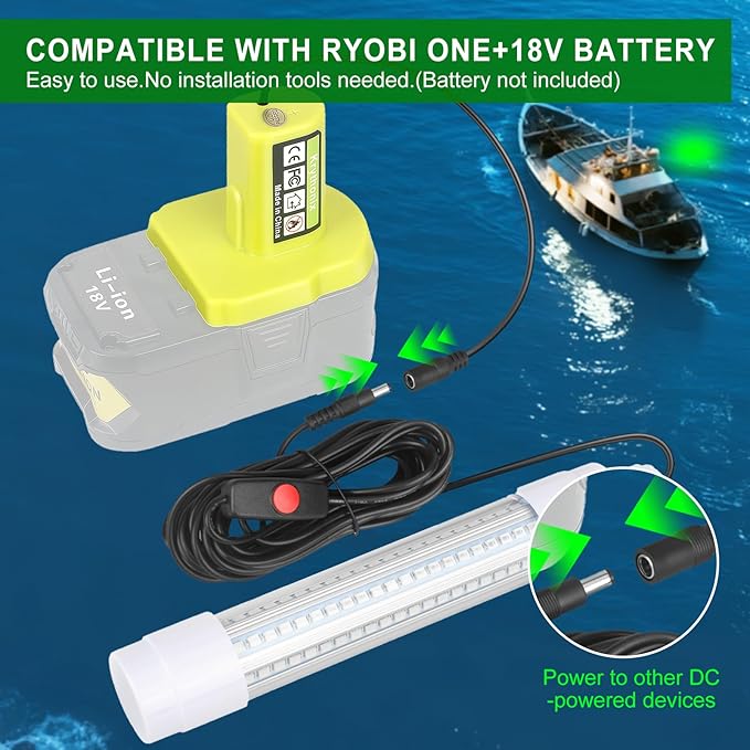 Ryobi 18V ONE+バッテリー対応水中集魚灯、LED水中釣りライト、クラッピー・イカ集魚用、13W、1512ルーメン、グリーン ドックライト（バッテリーなし）