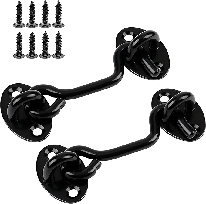 2 Pack 6'' Door Latch Door Lock Hardware, 6'' Hook and Eye Gate Latch Easy Lock for Barn Door, Black Sliding Door Lock with Screws for Window, Cabin Hooks
