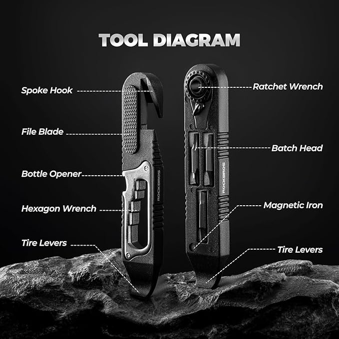 ROCKBROS Bike Tire Levers Kit - 14 IN 1 Portable Bike Multitool with Mini Ratchet Wrench, Bike Tire Levers, Cone Wrenches & File Blade for MTB, Road Bicycle