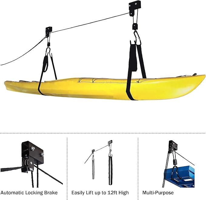RAD Sportz Kayak Storage Hoist - Overhead Pulley System with 125lb Capacity for Canoes, Bikes, Ladders, and More - for up to 12-Foot Ceilings