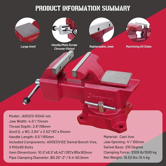 4.5"Bench Vise, 4"Jaw Opening 210° Swivel Base 2.6" Throat Depth