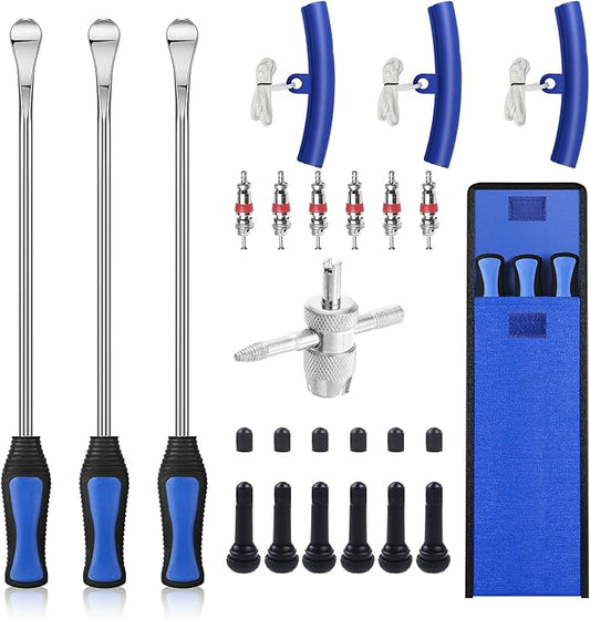 HTOMT 14.5" Tire Spoon Kit, 26pcs Tire Changing Tool for Motorcycle Dirt Bike Lawn Tractor Bicycle, Motorcycle Tire Changer Tire Removal Tool with 3pcs Rim Covers 6pcs Valve Tool Valve Cores (Blue)