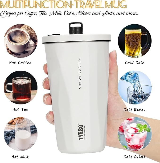 TYESO Stainless Steel Tumbler with straw inside Stainless steel wide-mouth vacuum insulation home office outdoor multi-color thermal insulation and cold insulation cover with 20oz (White, 20 oz)