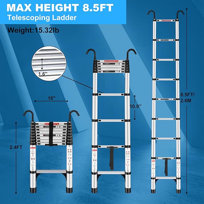 Telescoping Ladder, 8.5FT Aluminum Lightweight Portable Telescopic Ladder with Hook, Stabilizers & Wheels, Heavy Duty 330lbs Max Capacity, Extension Ladder for Roofs, RVs, Outdoor-Sliver