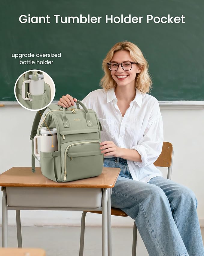 LOVEVOOK Laptop Backpack for Women with Giant Tumbler Holder Pocket,18 inch Waterproof Travel Backpack Purse Computer Laptop Bag,Professional Work College Nurse Teacher Backpack Travel Bag,Bean Green