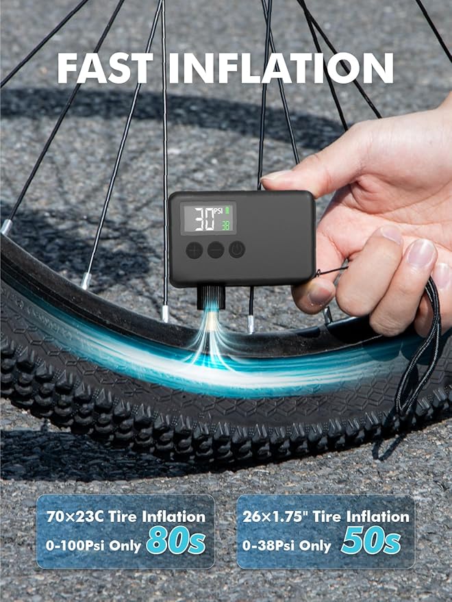 GPUTEK Mini Bike Tire Air Pump: Fast Inflate Portable Small Bicycle Electric Pump for Presta and Schrader Valves, 120 Psi High Pressure Pump with Digital Gauge for Road Bike, Mountain Bike, E-Bike
