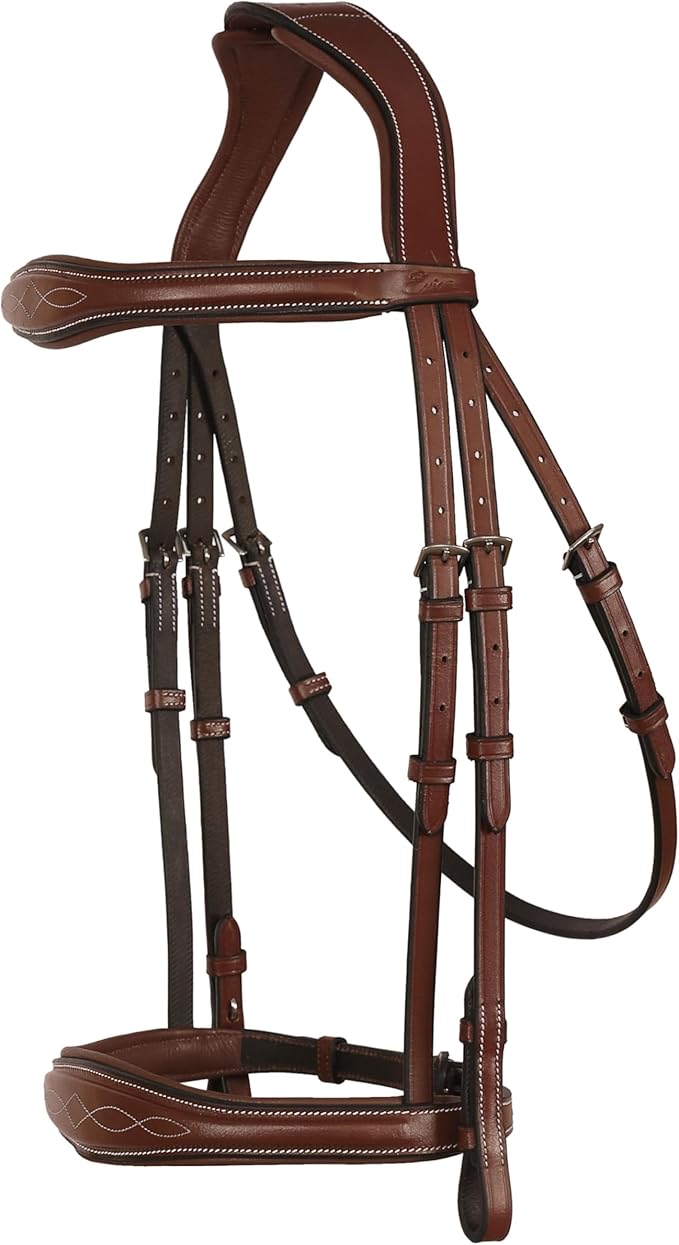Exion Hunter Anatomic English Bridle – Padded Fancy Stitched Leather Bridle with Rubber Reins – Ergonomic Poll Relief Crownpiece for Show Jumping & Eventing – Stainless Steel – Havana Brown