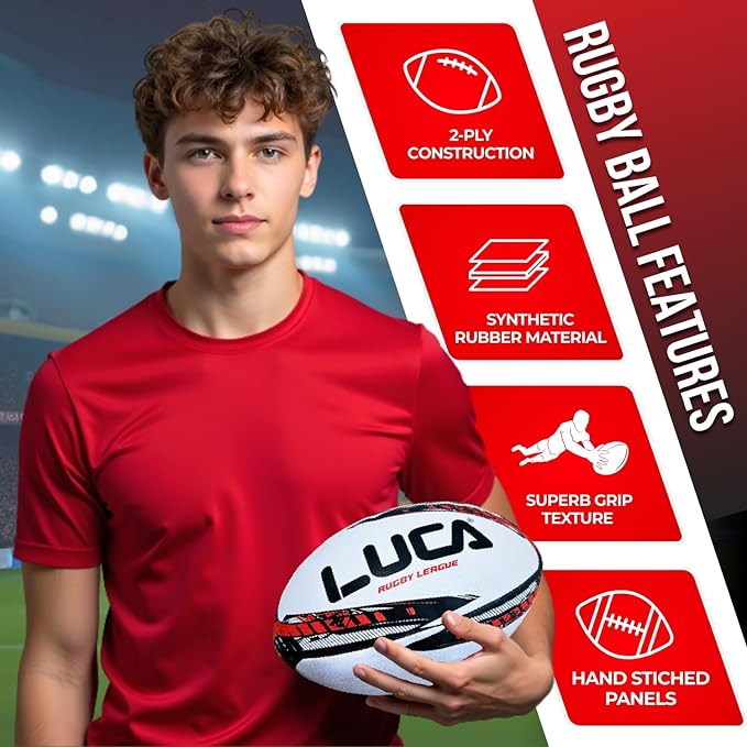 LUCA League Rugby Ball Size 4 & 5 | Hand Stitched, 3-Ply Durable Construction | Super Grip Texture | Training & Match Play Rugby Ball