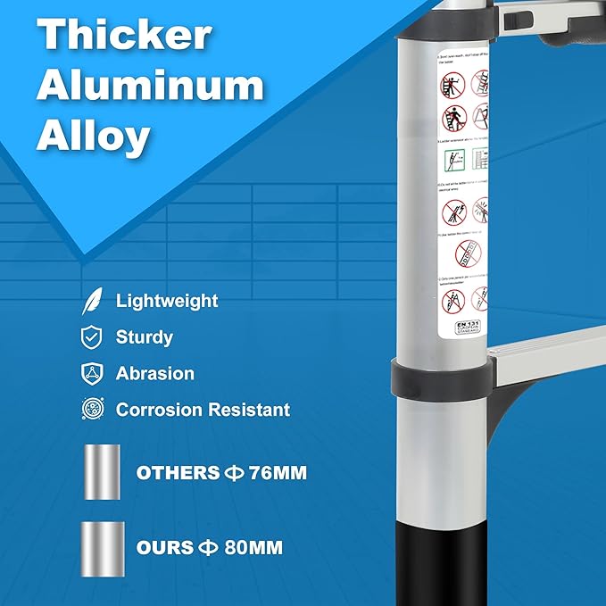 14.5 ft Aluminum Telescoping Ladder, 330 lb Load, Hooks, Portable Collapsible Ladder for Home & Work,Silver