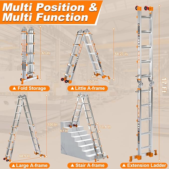 Telescoping A-Frame Ladder- 17FT Folding Extension Ladder with Wheels & Stabilizer Bar, 330lb Security Load Multi Position Ladders for Stairs Home Indoor Outdoor Roof
