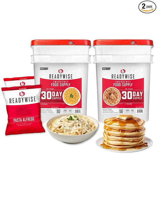 ReadyWise 30 Day Emergency Food Supply - 296 Servings, 2 Buckets, Freeze Dried Protein Meals, Survival Food Storage, Ready to Eat, up to 25 Year Shelf Life