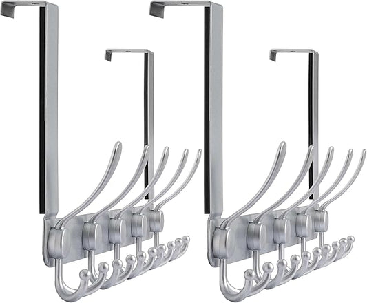 Dseap Over The Door Hook Hanger - Fits 1 3/8" to 1 3/4" Standard Doors | 5 Tri Hooks Heavy Duty Towel/Coat Rack | Door Organizer for Clothes, Jackets, Hats, Towels, Silver, Pack of 2