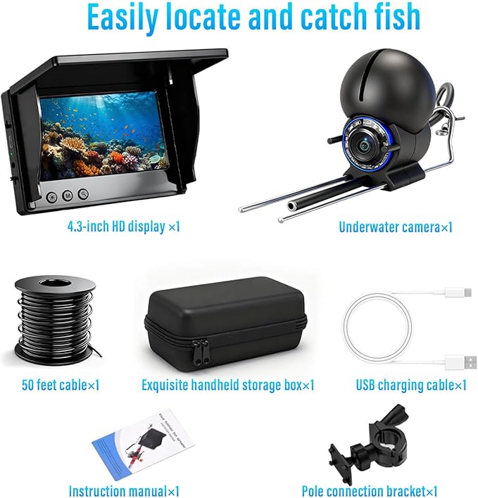 フィッシングカメラ、220°超広角1080P HD水中フィッシングカメラ（4.3インチLCD＆IRナイトビジョン、50フィートケーブル付属）-氷上釣り、湖釣り、ボート釣り、カヤック釣り用