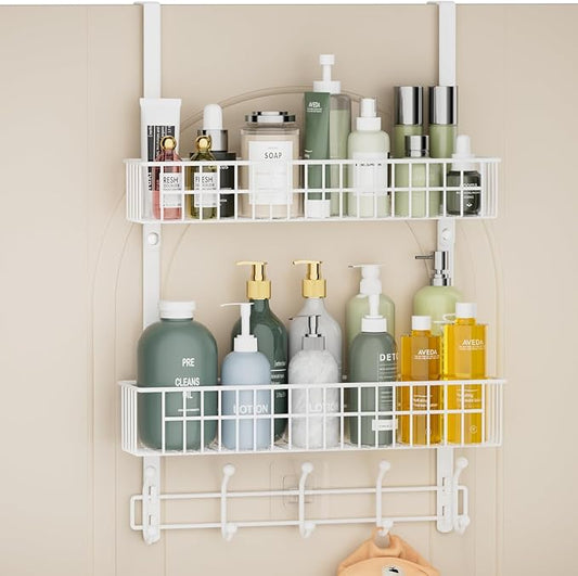 Over The Door Hooks, Door Hanger Towel Rack with 10 Coat Hooks & 2 Mesh Basket, Over Door Storage Organizer for Bathroom, Bedroom, Kitchen, Office, Easy Installation, White