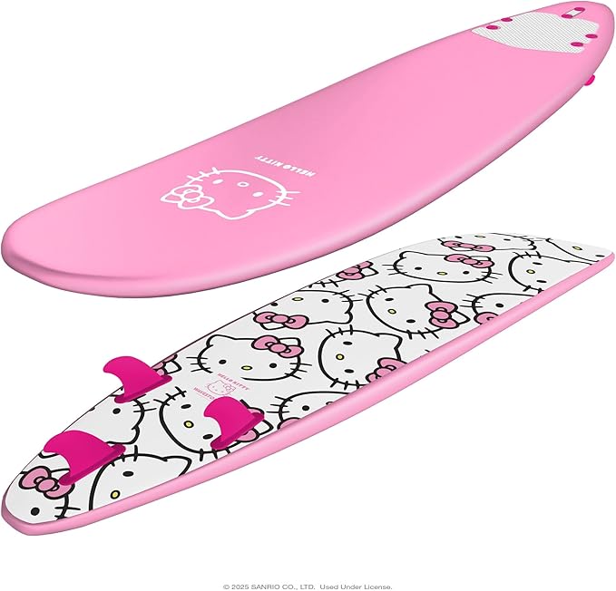 Hello Kitty 8ft Surfboard by Wavestorm | Graphic top Deck with high Density Slick Bottom | for Kids and Adults | Foam Construction with Accessories | Includes Basic Leash