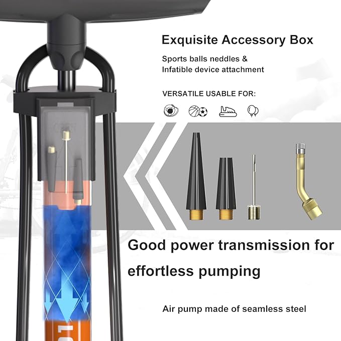 Bike Floor Pump, Bicycle Pump with Dual Presta & Schrader Valve Head, High Pressure Bicycle Tire Inflator, Portable Hand Air Pump for Road & Mountain Bikes, Strollers and Balls