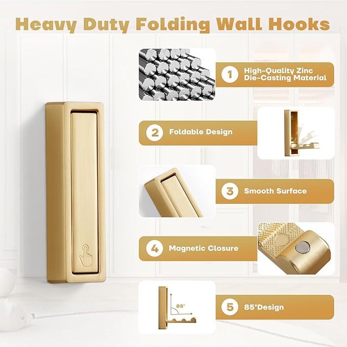 Folding Coat Hooks, 2Pcs Foldable Heavy Duty Wall Hooks Zinc Alloy No Rust Fold Up Hooks for Coat, Towel, Key, Hat, Bag, Jacket, Backpack. (Gold)